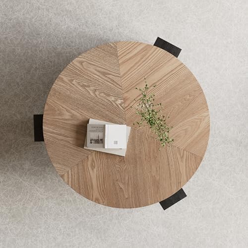 33'' Round Coffee Table with Hidden Storage, Modern Wood Veneer Top, 3 Block Legs Sturdy Center Accent Table for Living Room, Small Space, Natural Wood & Black