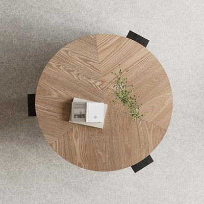 33'' Round Coffee Table with Hidden Storage, Modern Wood Veneer Top, 3 Block Legs Sturdy Center Accent Table for Living Room, Small Space, Natural Wood & Black
