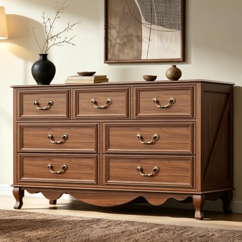Farmhouse 7 Drawer Dresser, 54" Wide Chest of Drawer Wood Storage Organizer