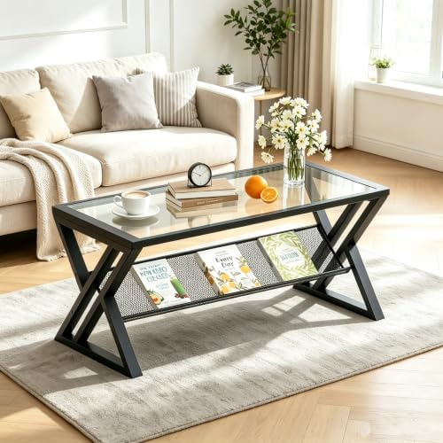 Wolawu Glass Coffee Table Black Table Living Room Table with Storage Shelf