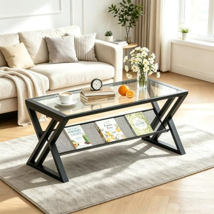 Wolawu Glass Coffee Table Black Table Living Room Table with Storage Shelf