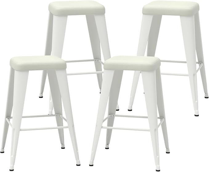 Bar Stools Set of 4, 30" Bar Height Bar Stools Backless, Upholstered Bar Stools with Metal Legs for Kitchen Island, Study Room, Cafe, White