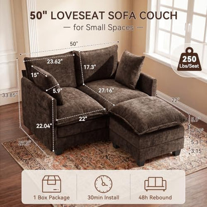 50" Love Seat with Ottoman, Small L Shape Cloud Sofa Couch, 2-Layer Cushion & 27" Deep Seat, 2 Pillows for Small Spaces, Bedroom, Apartment, Office, Living Room, Brown