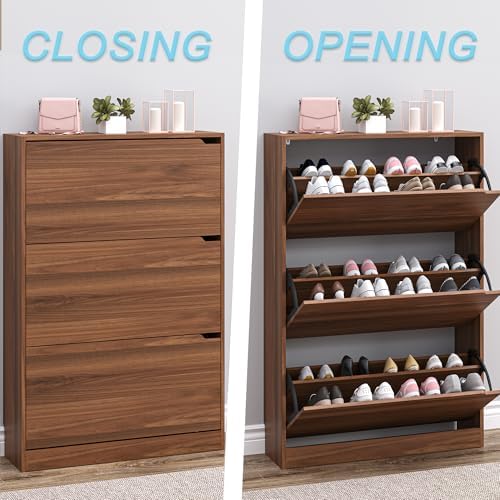 BORNOON Shoe Cabinet with 3 Flip Drawers, Slim Narrow Shoe Storage Cabinet, Freestanding Shoe Organizer with Adjustable & Removable Shelves, Top Display Shelf for Entryway, Hallway, Foyer, Closet