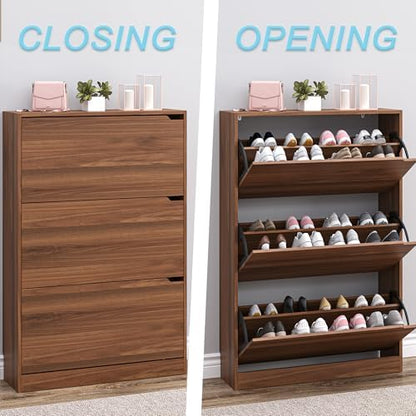 BORNOON Shoe Cabinet with 3 Flip Drawers, Slim Narrow Shoe Storage Cabinet, Freestanding Shoe Organizer with Adjustable & Removable Shelves, Top Display Shelf for Entryway, Hallway, Foyer, Closet