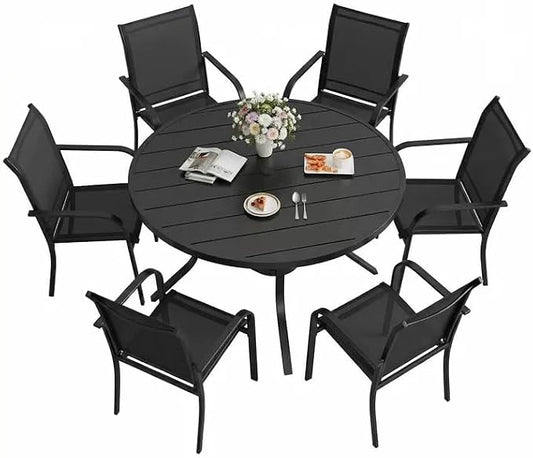 SUNCROWN 7 - Piece Outdoor Dining Set, Patio Furniture Set with 6 x Textilene Dinning Chairs and 53" Metal Round Table with Umbrella Hole for Lawn Garden Backyard Deck, Black