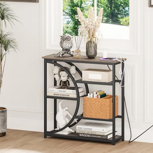Snughome Entryway Table, Console Table with Charging Station, Industrial Narrow Sofa Table with 5 Tier Storage Shelves, Entrance Table for Hallway, Living Room, Foyer, Grey