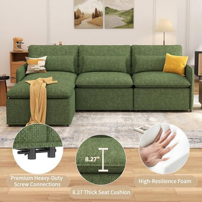L Shaped Sectional Couch, 94.5" Sectional Cloud Couch for Living Room,Fluffy Modular Sofa with Textured Corduroy,3 Seaters with Ottoman,Pet-Friendly Comfy Modern Deep Seat Sofa Set,Green