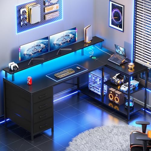 SEDETA L Shaped Gaming Desk with 4 Drawers, Shelves, Power Outlets, Black