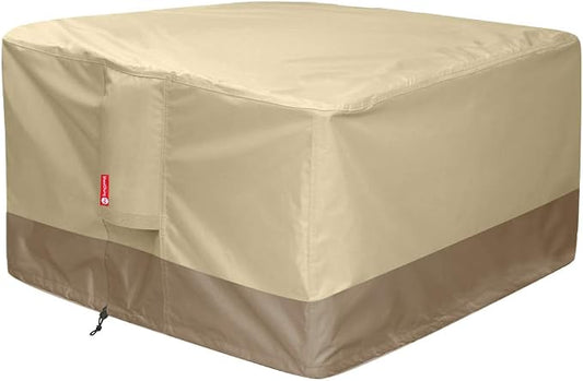 SheeChung Gas Fire Pit Cover Square 600D Heavy Duty Patio Outdoor Fire Pit Table Cover with PVC Coating 100% Waterproof,Air Vent,Fits for 33/34/35/36 inch Fire Pit Table Cover 36”L x 36”W x 24”H Beige