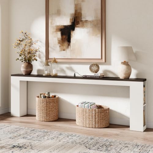 Epecoya 94.5" Behind Sofa Couch Table with Outlet & Side Shelves, White