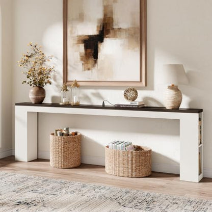Epecoya 94.5" Behind Sofa Couch Table with Outlet & Side Shelves, White