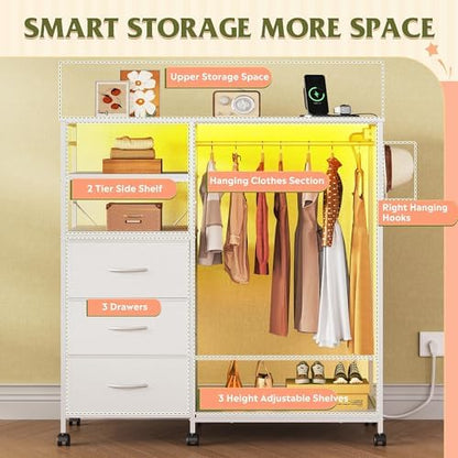 WLIVE LED Dresser for Bedroom, 3 Drawers with Hanging Rack, White