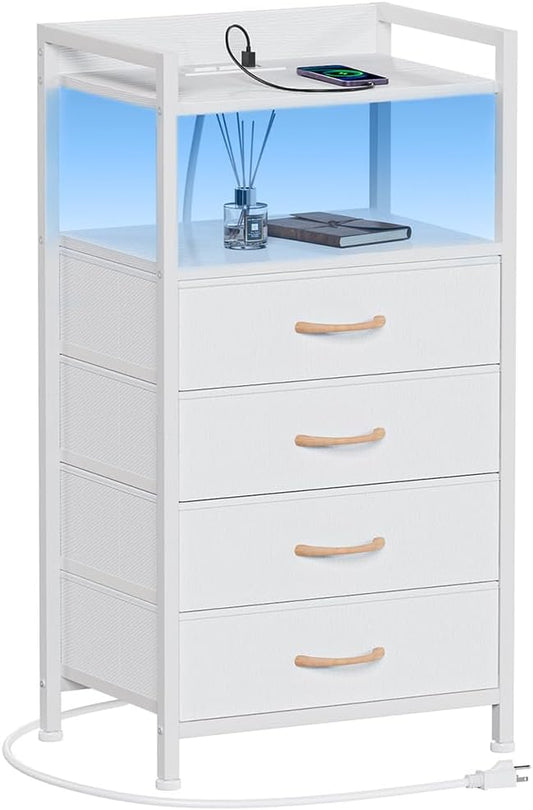 Furnulem White Nightstand with Charging Station, Night Stand Side Table with Led Light, Tall Dresser for Bedroom with 4 Fabric Storage Drawers, Metal Frame, Wood Shelf(White)