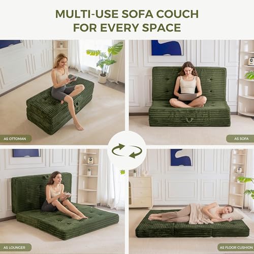 MAXYOYO Folding Sofa Couch Bed, 6 Inch Tri-Fold Floor Sofa Bed, Folding Mattress with Handles, Soft Faux Fur Folding Bed with Supportive Foam Filling, Portable Couch for Living Room, Queen, Dark Green