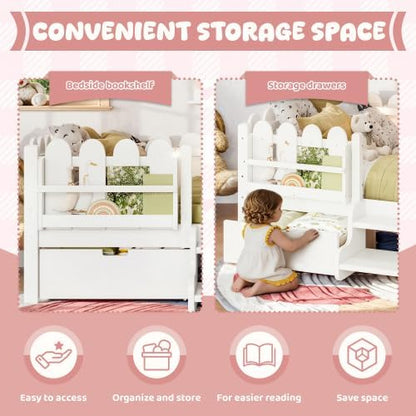 Bellemave Twin Size Platform Bed with Storage Drawers & Bookshelf for Boys Girls, Kids Twin Bed Frame with LED Lights & Stairs for Children's Room, White