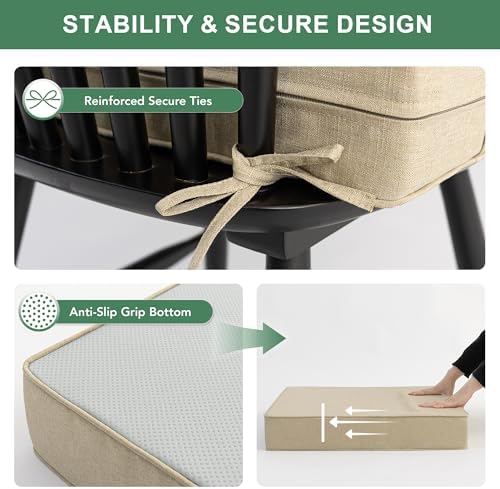Outdoor Chair Cushions Set of 4, Faux Linen Patio Furniture Cushions, Water Resistant Backrest and Seat Cushion Set with Ties, Removable Cover, Non-Slip Bottom, 19 x 19 Inch, Nature