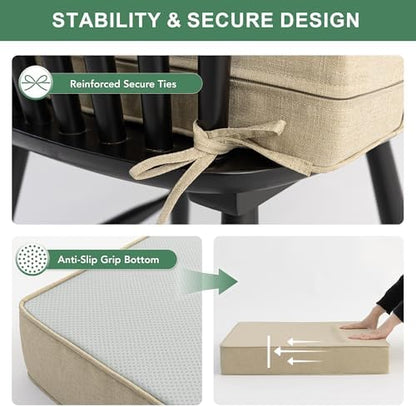 Outdoor Chair Cushions Set of 4, Faux Linen Patio Furniture Cushions, Water Resistant Backrest and Seat Cushion Set with Ties, Removable Cover, Non-Slip Bottom, 19 x 19 Inch, Nature
