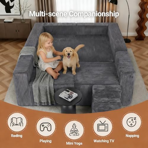 Claiks 128" U Shaped Boneless Couch, Corduroy Sectional Sofa, Grey