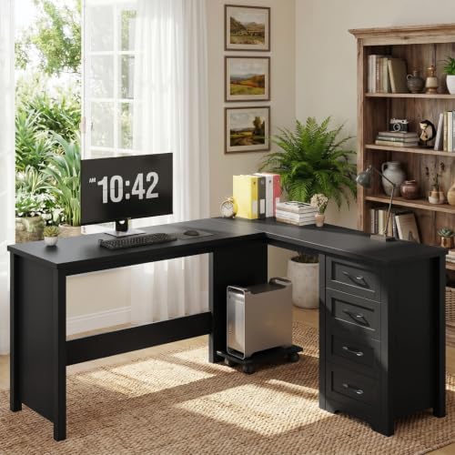 Vabches 61”Farmhouse L Shaped Executive Desk with Drawers, Pure Black