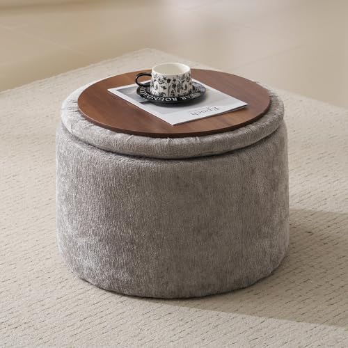 Modern Round Storage Ottoman with Reversible Tray Lid,Chenille Ottoman Foot Stools, Ottoman Footstool with Hidden Storage, Storage Ottoman for Living Room, Multi-Functional Footrest,Light Grey