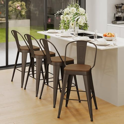 Metal Bar Stools Set of 4, 24" Counter Height with Backs, Rusty