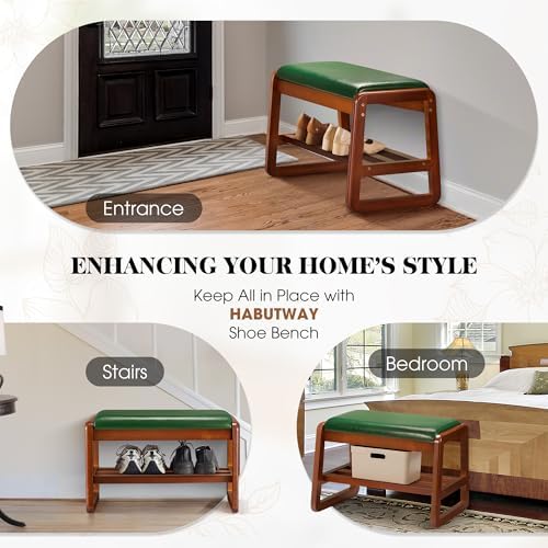 Solid Wood Shoe Rack, Entryway Shoe Bench with Cushion, 2 Tier Shoes Organizer for Entryway, Hallway, Living Room-(Green,21.65"-S)