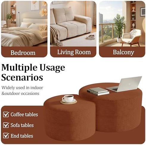Round Nesting Coffee Table Set of 2,Upholstered Foam Ottoman Footrest Side Table Set,Modern Flannel Circle Coffee Table No Assembly for Living Room Entryway Bedroom,Orange