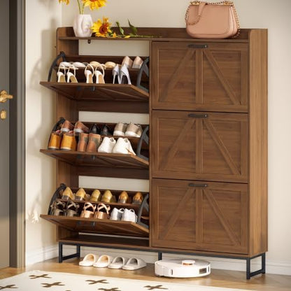 Shoe Cabinet Storage for Entryway, Shoe Storage Cabinet with 6 Flip Drawers, Freestanding Narrow Shoe Rack Organizer with Metal Legs, Adjustable Shelves & Open Storage for Foyer, Hallway, Walnut