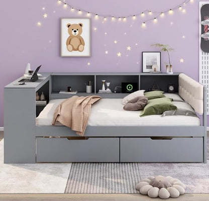 Bellemave Full Corner Bed Frame with Storage Shelves and Desk, Wood Full SizeDaybed with Bookcase and Drawers and Upholstered Headboard, Gray
