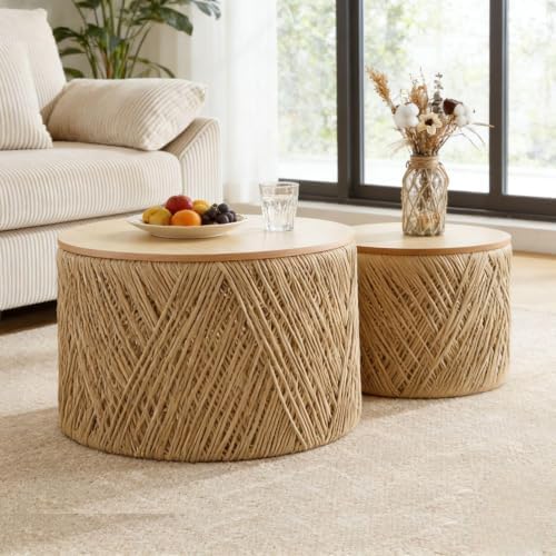 23.75" Round Wooden Nesting Coffee Table Set of 2, Natural