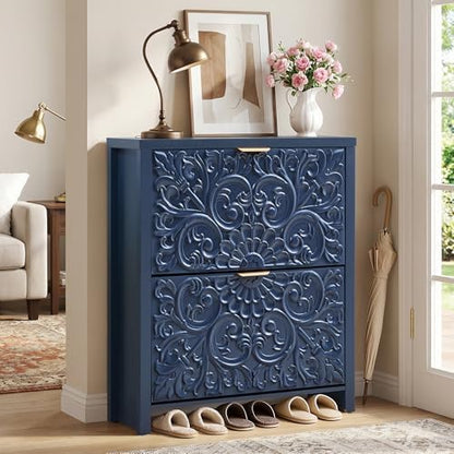 Shoe Cabinet with Flip Drawers, Narrow Shoe Storage Cabinet, 2-Tier Hidden Shoe Organizer with Floral Embossed for Entryway, Mid-Century Modern Slim Shoes Storage for Hallway Foyer (1, Midnight Blue)