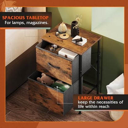 WLIVE Night Stand Set 2, Small Dresser with 2 Drawers & Wooden Top, Nightstand with Fabric Bins, Bedside Table End Table for Bedroom, Closet, Entryway, College Dorm, Rustic Brown