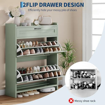 Garvee Shoe Cabinet with 2 Flip Drawers & 1 Top Drawer, Wooden