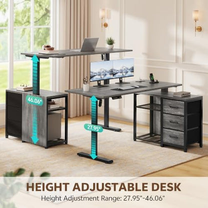 47 Inch L Shaped Desk with 3 Drawers Electric Standing Desks with Storage Computer Table Adjustable Height with Power Outlets 4 Memory Presets for Home Office, Grey