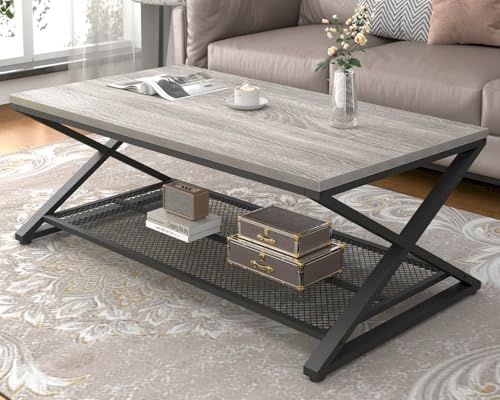 LVB Industrial Coffee Table, Metal Center Table, 47 inch, Light Grey Oak