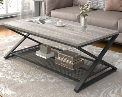 LVB Industrial Coffee Table, Metal Center Table, 47 inch, Light Grey Oak