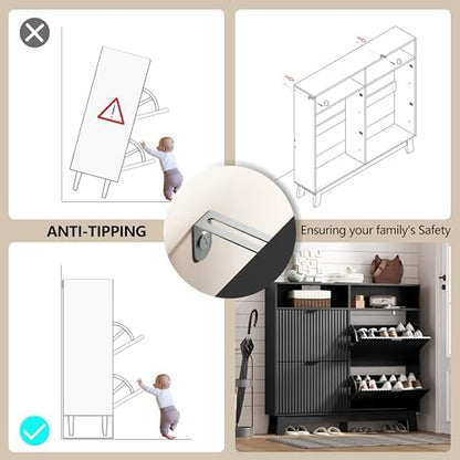 Shoe Cabinet Storage for Entryway with 4 Flip Drawers & Cubby, Black