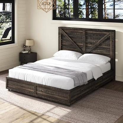 AMERLIFE Full Size Farmhouse Bed Frame with 4 Drawers & Barn Door Headboard