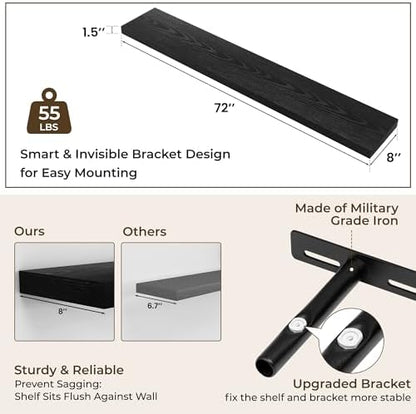 RICHFOCUS 72Inch Floating Shelves for Wall 1Pack, Black, 8" Deep