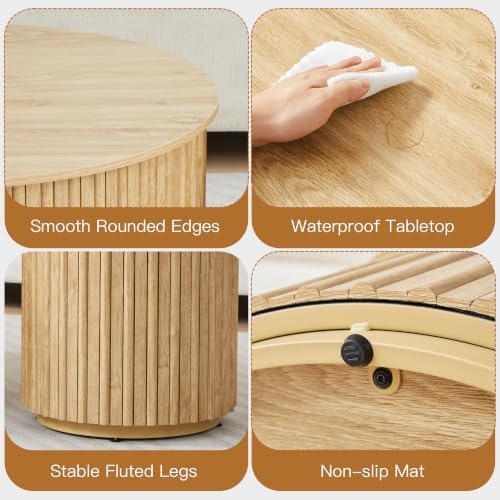 Fluted Round Nesting Coffee Table Set of 2 Circle Center Table with Storage