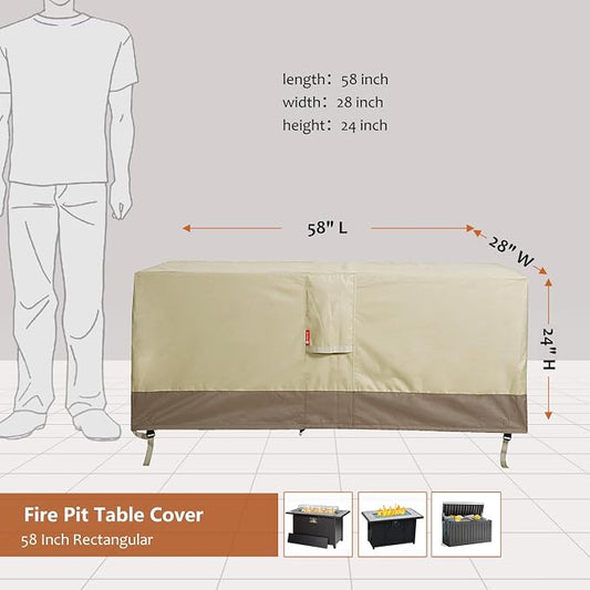 SheeChung Fire Pit Cover Rectangular 58"L x 28"W x 24"H,Waterproof 600D Heavy Duty Outdoor Fire Table Covers,56",57",58" Rectangular Cover Fits Propane Gas Fire Pit,Deck Box,Beige