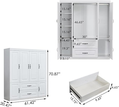 Armoire Wardrobe Closet with 2 Doors, White Cabinet with 2 Drawers and Clothes Storage Organizer, Modern Style with Hanging Rod Shleves Suitable for Bedroom(61.42" W x 20.47" D x 74" H)