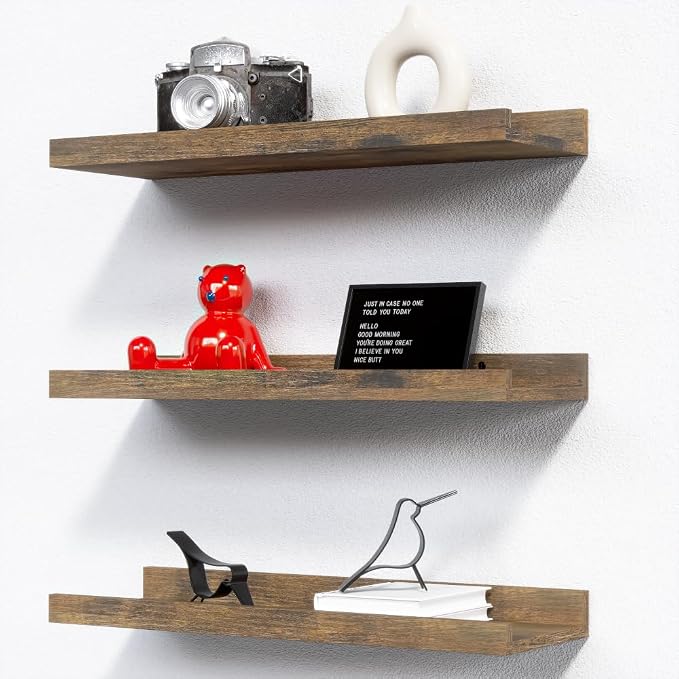 RICHER HOUSE 3 Set Floating Shelves for Wall Decor, 16 inches Wall Mounted Book Shelf, Nursery Shelves Picture Ledge Shelf with Lip for Storage, Bedroom, Living Room, Bathroom - Brown