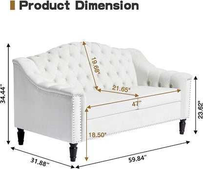 LEVNARY Chesterfield Loveseat Velvet, Upholstered Sofa with Button-Tufted Back, Mid-Century Modern Sofa with Solid Wood Legs, 2 Seater Couches for Living Room (White)