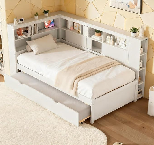 Bellemave Twin Corner Bed Frame with USB Ports, Wood Twin Size Daybed with L-Shaped Bookcase and Trundle，Daybed with Storage Cabinets, White
