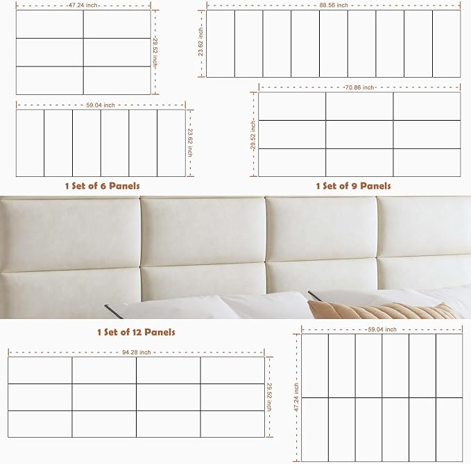 IFNOW Wall Mounted Headboard, Peel and Stick Panels, Lvory White, Queen | Upholstered 3D Soundproof Acoustic Panels Reusable and Removable Padded Leather Bed Headboard, 9 Panels 9.84" x 23.62"