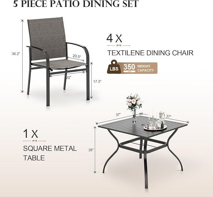 HERA'S HOUSE 5pc Patio Dining Set for 4, Outdoor Metal Table & Brown Chairs | Textilene chairs + 37" square table with umbrella hole. Waterproof, stain-resistant & wipe-clean. Ideal for backyard, porch
