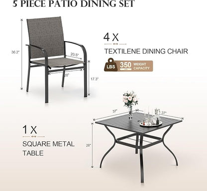 HERA'S HOUSE 5pc Patio Dining Set for 4, Outdoor Metal Table & Brown Chairs | Textilene chairs + 37" square table with umbrella hole. Waterproof, stain-resistant & wipe-clean. Ideal for backyard, porch