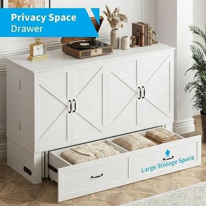 Mjkone Murphy Bed, Cabinet Beds Queen Size with Mattress Included, USB Charging Port, Drawer, Space Saving Queen Murphy Chest Bed, Hidden Cabinet Guest Wall Beds for Bedroom, Apartment, White